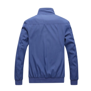 Back view of a men's navy blue stand collar jacket with ribbed cuffs and smooth texture