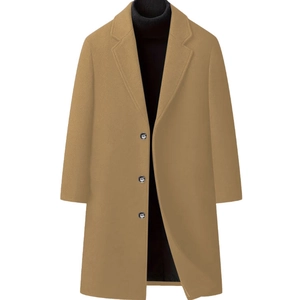 Elegant men's long khaki wool coat with classic lapel collar and single-breasted buttons
