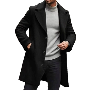 Single-breasted black wool coat for men with a classic lapel collar and slim fit design