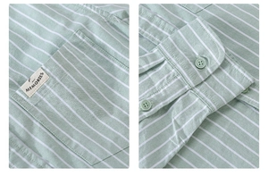 Detailed view of striped cotton fabric texture with chest pocket and woven label