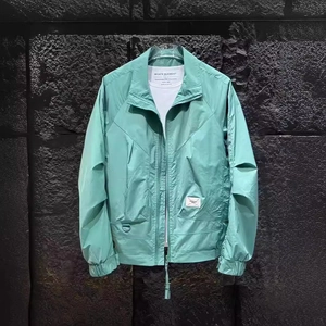 Men's light mint green windbreaker jacket with stand collar and adjustable hem
