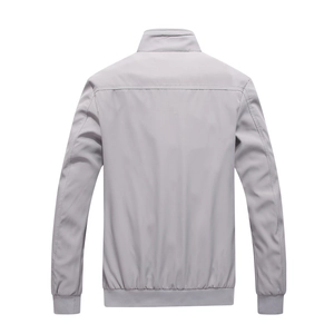 Rear view of a light gray men's casual jacket with stand-up collar and ribbed hem