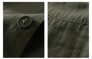 Detail of army green work shirt featuring matte buttons and precise stitching on twill fabric