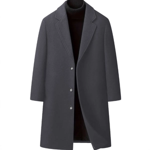 Classic dark grey men's knee-length wool coat with a notch lapel and single-breasted buttons