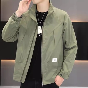 Men's light luxury olive green jacket with a stand collar and casual windproof design