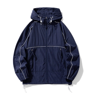 Men's navy blue hooded sun protection jacket with white piping and elastic drawstrings