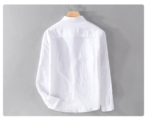Rear view of white linen long sleeve shirt showing yoke seam and breathable fabric texture