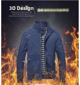 Detail of navy business casual jacket with mandarin collar and plaid lining texture