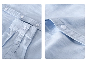 Detailed close-up of light blue linen shirt fabric texture and sewing stitches