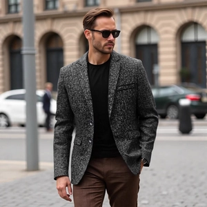 Men Business Casual Blazer Lightweight Polyester Mottled Texture Notch Lapel Suit Jacket For Office Daily Wear Slim Fit