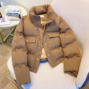 Women Short Padded Jacket Polyester Quilted Stand Collar Warm Coat Solid Color Loose Padded Outerwear Casual Winter Jacket