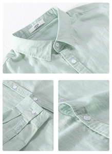 Close-up of mint green linen shirt featuring standard collar, cuffs and fabric texture