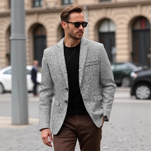 Men's slim fit grey textured business casual blazer jacket with notch lapels and two buttons