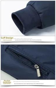 Detail of navy blue jacket featuring elastic ribbed cuffs and zipper side pocket