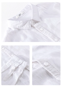 Detail of white cotton linen shirt showing collar design, buttons and fabric texture