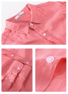 Close-up of pink linen shirt cuffs and buttons featuring textured cotton fabric