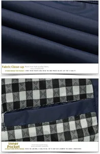 Detail of dark blue twill jacket fabric and inner anti-theft pocket with plaid lining