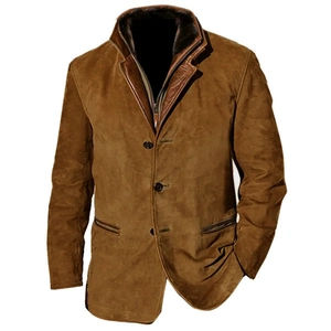 Men's vintage brown suede jacket with contrast leather trim and stand collar design