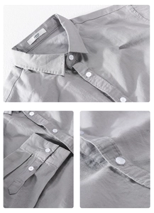 Detailed views of cotton linen shirt collar, resin buttons and precise cuff stitching