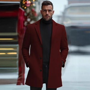 Elegant men's burgundy wool blend mid-length overcoat with classic notched lapels