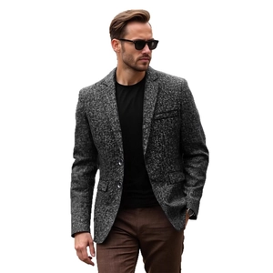 Men's grey textured business casual blazer jacket with slim fit and single-breasted design