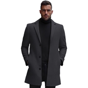 Men's classic dark grey wool blend mid-length overcoat with elegant lapel and buttons