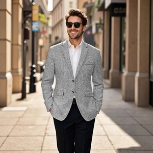 Slim fit men's melange grey casual blazer jacket with two buttons and notch lapel