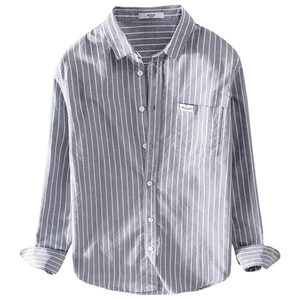 Men's casual grey and white vertical striped long sleeve shirt with front pocket