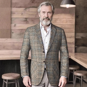 Men's business casual wool blend blazer in vintage brown plaid with two-button closure