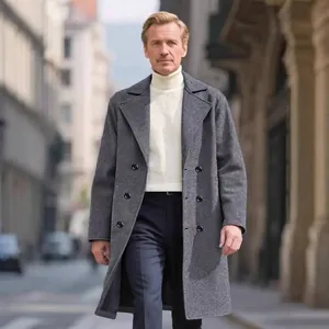 Men's Double Breasted Woolen Look Trench Coat Slim Fit Lapel Mid Long Overcoat Business Casual Solid Color Winter Outerwear