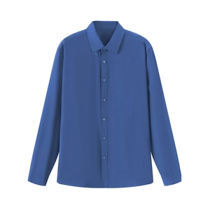 Navy blue men's four-way stretch business shirt with wrinkle-free fabric and classic fit