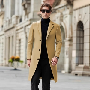 Classic slim fit men's camel wool trench coat with single-breasted design for autumn