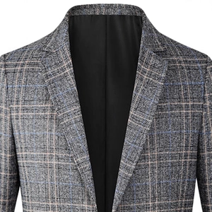 Men's slim-fit striped blazer jacket in grey with blue and brown plaid pattern