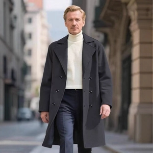 Mens long black wool trench coat with double-breasted buttons in urban street style