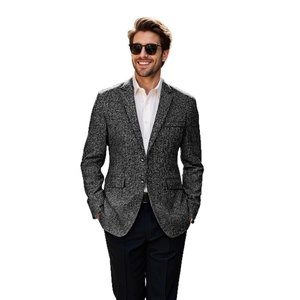 Slim fit men's dark grey textured blazer jacket with single-breasted two-button closure