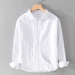Men's white cotton linen long sleeve shirt with classic collar and natural texture