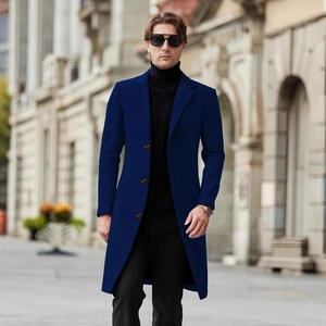 Classic navy blue mens wool coat with single-breasted design and slim fit cut