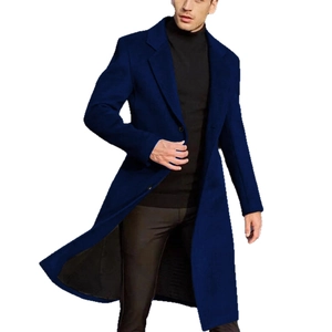 Classic navy blue long wool overcoat for men with lapels and single-breasted buttons