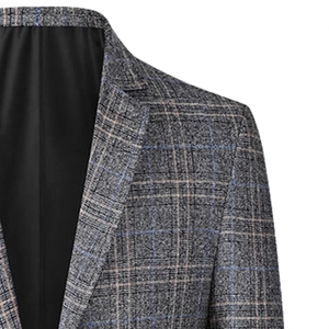 Men's slim pinstripe blazer in grey plaid with notch lapel and smooth black lining
