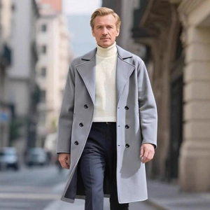 Men's double-breasted long wool coat in light blue with a sophisticated business casual look