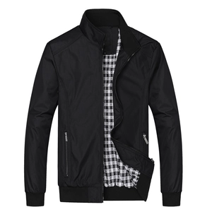 Classic men's black stand collar jacket with checkered lining and rib-knit trims