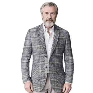 Men's slim fit pinstripe blazer in grey-blue with notched lapels and two-button closure