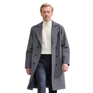 Men's double-breasted gray wool trench coat with notch lapels and a classic slim fit