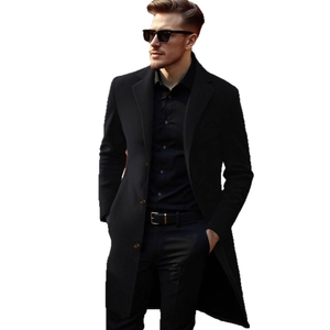 Classic black single-breasted wool overcoat for men in a stylish mid-length design