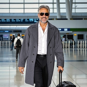 Men's wool blend double-breasted trench coat in dark grey with a business casual style
