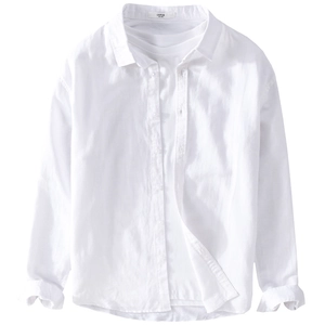 Minimalist men's white long sleeve cotton linen shirt with classic lapel collar
