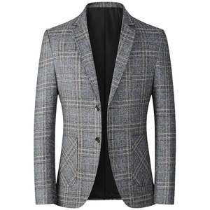 Slim fit men's pinstripe blazer in grey-blue with notched lapels and front patch pockets