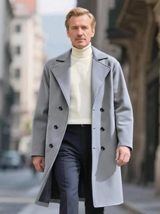 Men's double-breasted long wool coat in light grey with a classic urban business casual style