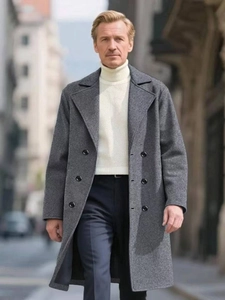 Men's double-breasted long wool coat in classic dark grey with stylish notched lapels