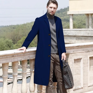 Men's classic navy blue long overcoat with lapels and three-button closure for casual style